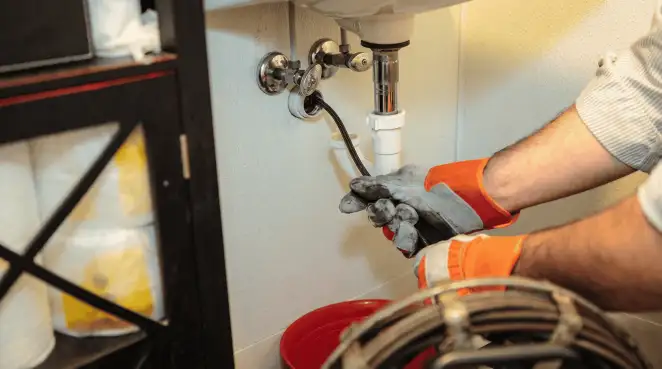 Drain cleaning technician using a motorized plumbing snake to clear a clogged sink pipe in Duluth, MN